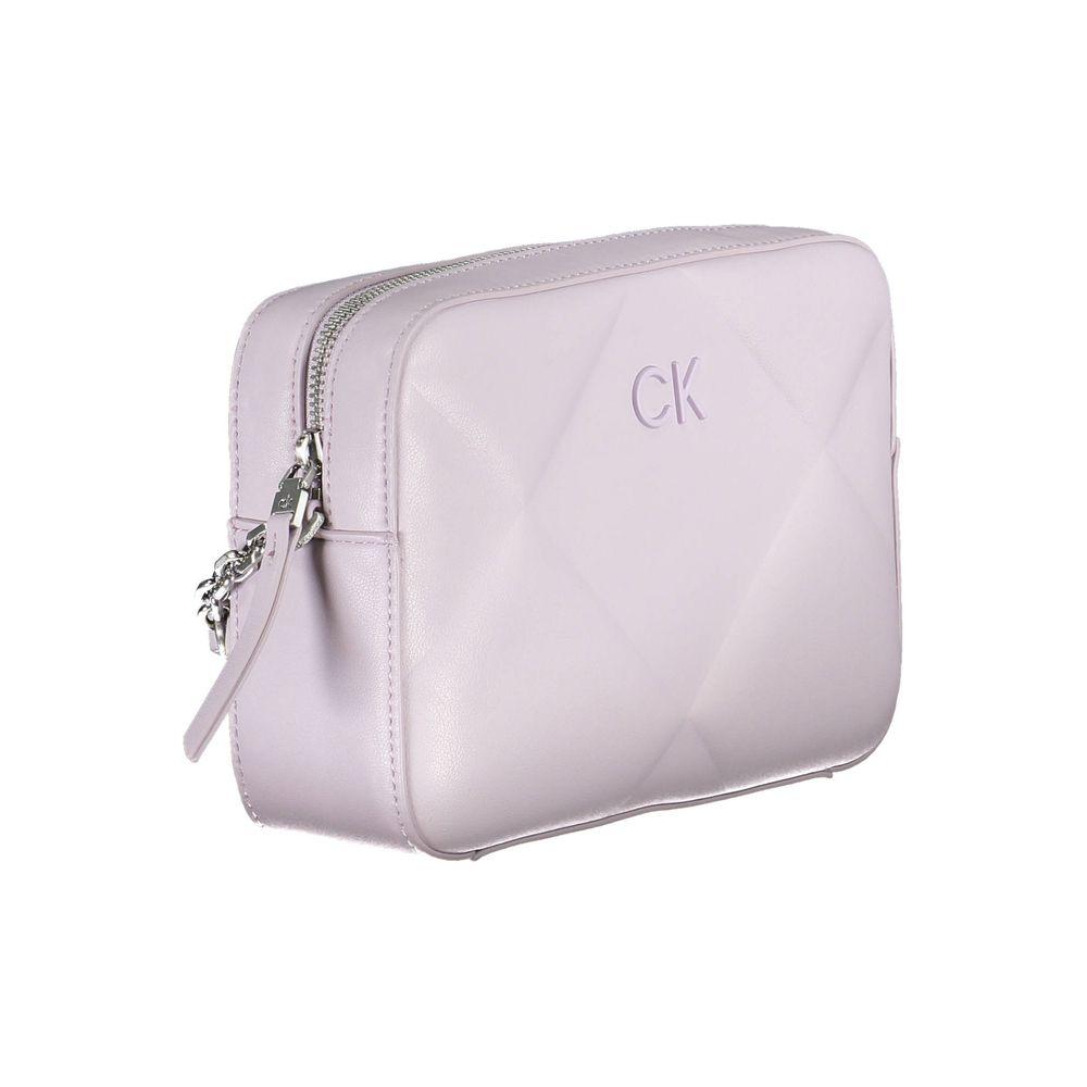 Calvin Klein purple polyester handbag with adjustable shoulder strap, internal pockets, eco-friendly design, and logo.