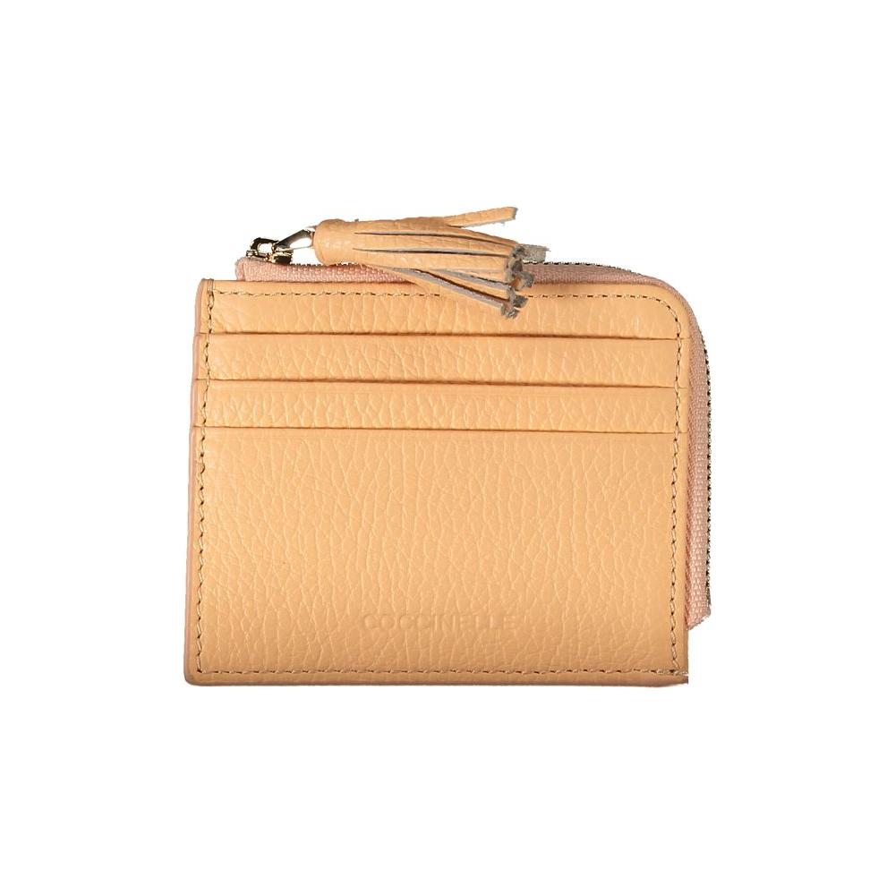 Coccinelle orange leather card holder wallet with central pocket, double card spaces, and logo, featuring a tassel zipper.