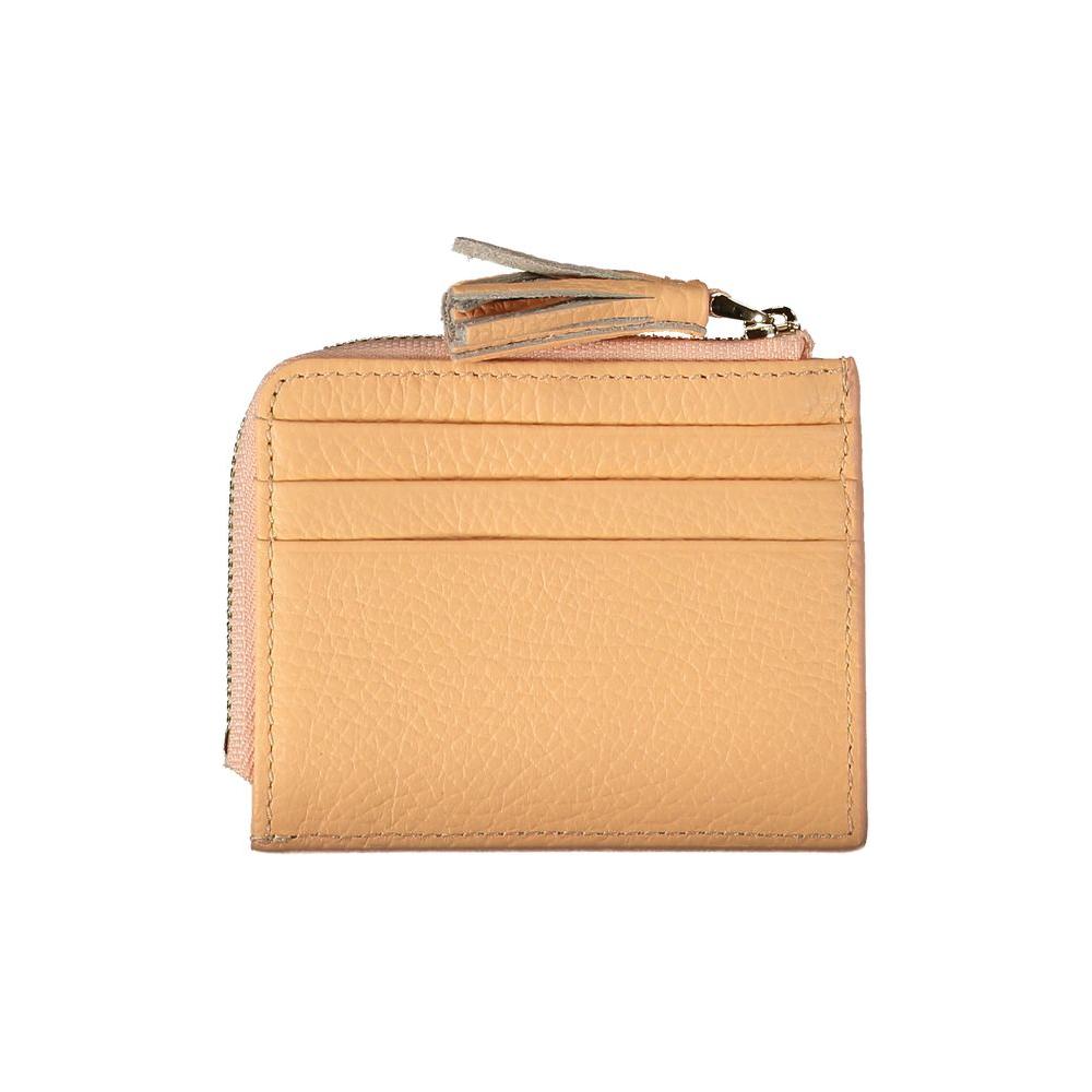 Coccinelle orange leather wallet with central pocket, double card spaces, and logo detail. Stylish card holder accessory.