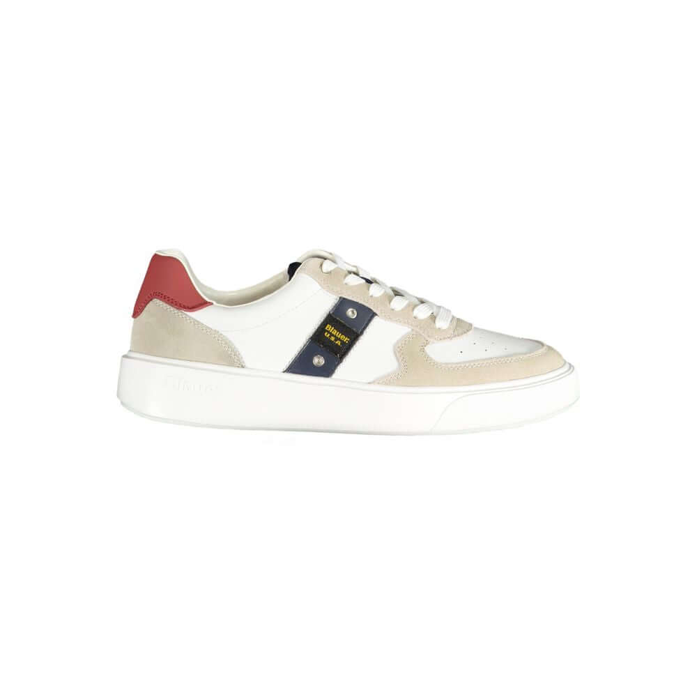 Blauer white polyethylene men's sneaker with bold red, blue accents and removable footbed for all-day comfort and style.