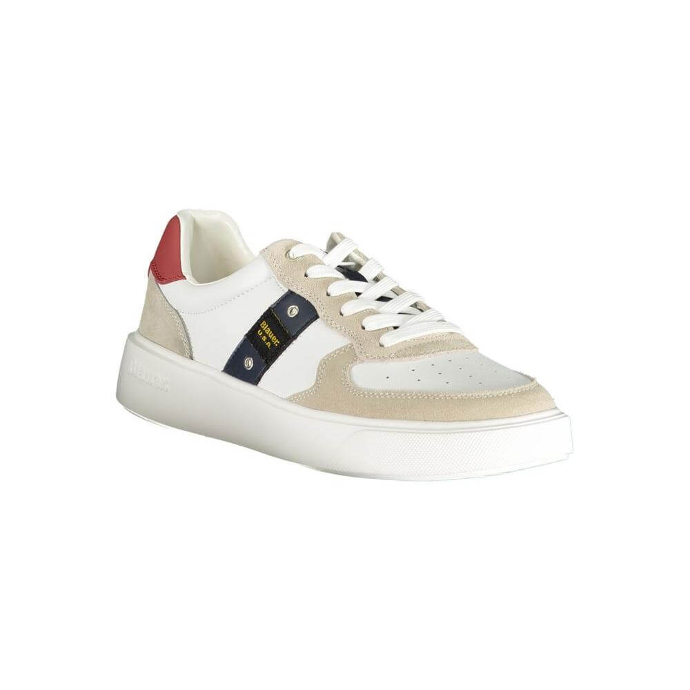 Blauer white polyethylene men's sneaker with removable footbed, iconic logo, and contrasting stylish accents for trendy urban fashion.