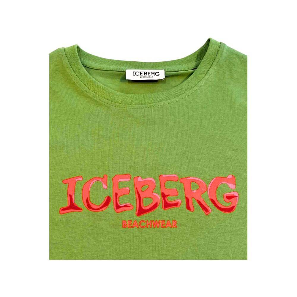 Iceberg green cotton men's t-shirt with red logo print, showcasing modern luxury and comfort.