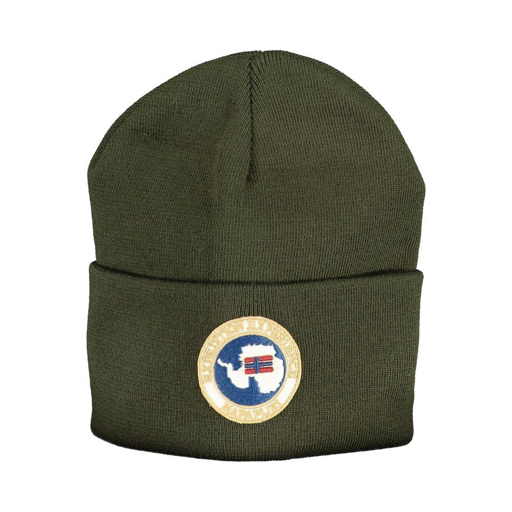 Napapijri green acrylic hat with logo patch, featuring warm knitted material, ideal for cold weather and stylish outings.