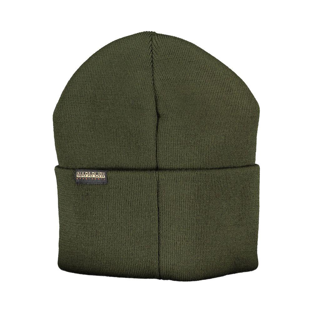 Napapijri green acrylic hat with logo, stylish and warm winter accessory.