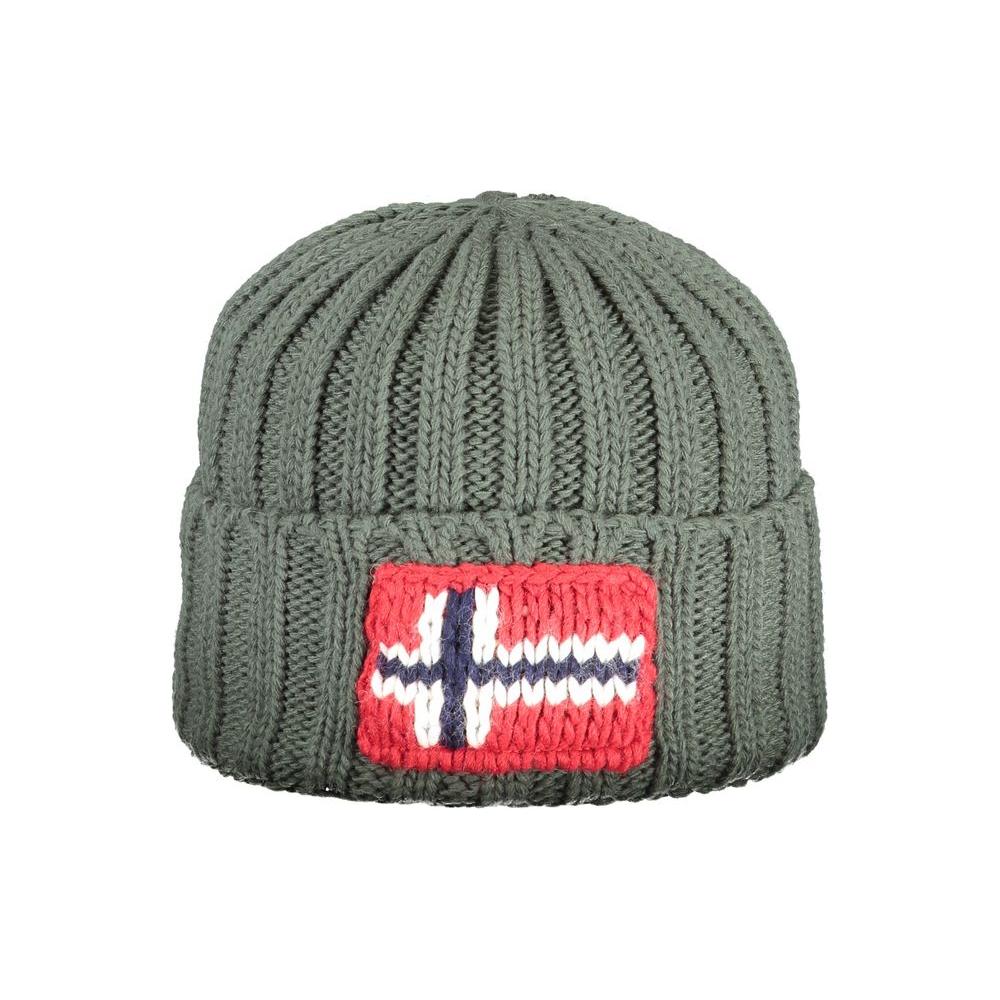 Napapijri green acrylic men's cap with embroidered logo, Italy made, eco-friendly fashion accessory for style-conscious individuals.