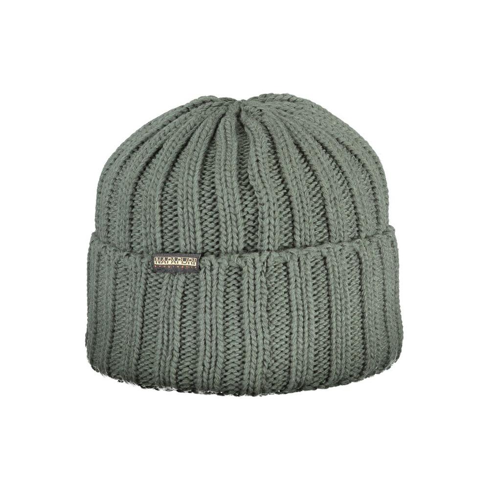 Napapijri green acrylic men's cap with embroidered logo, eco-friendly fashion accessory, crafted in Italy for style and durability.