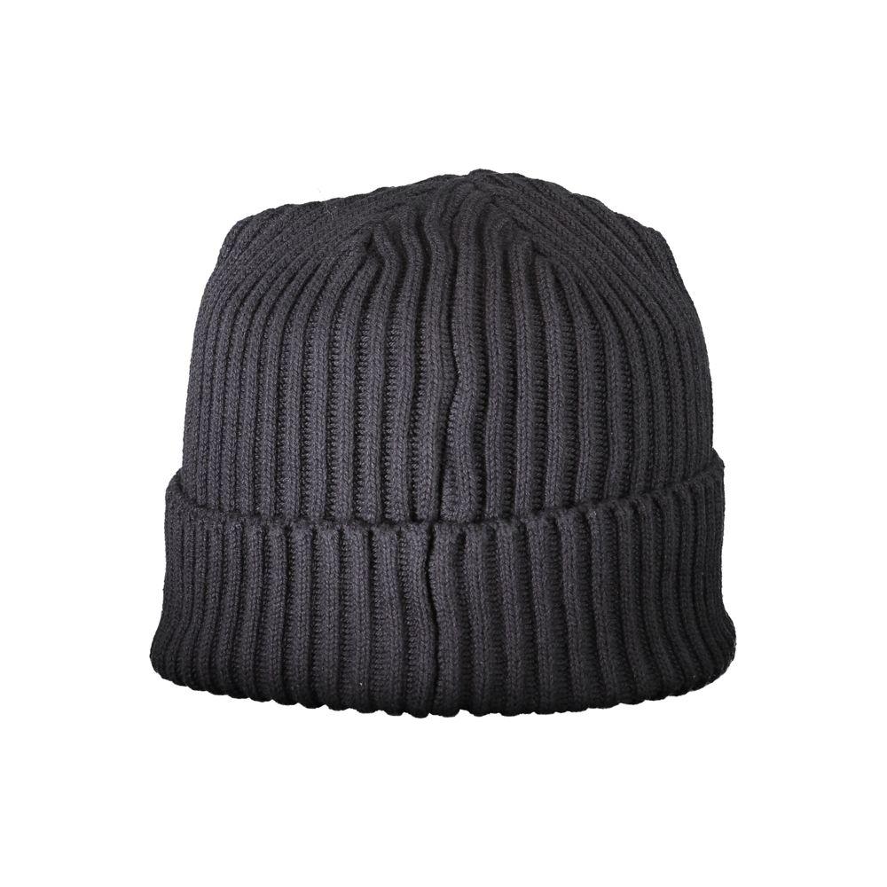 Black ribbed knit beanie cap, versatile winter accessory for warmth and style.