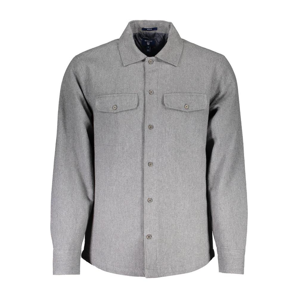 Gant gray cotton men's shirt with Italian collar, long sleeves, and two pockets, featuring a classic design with padded touch.
