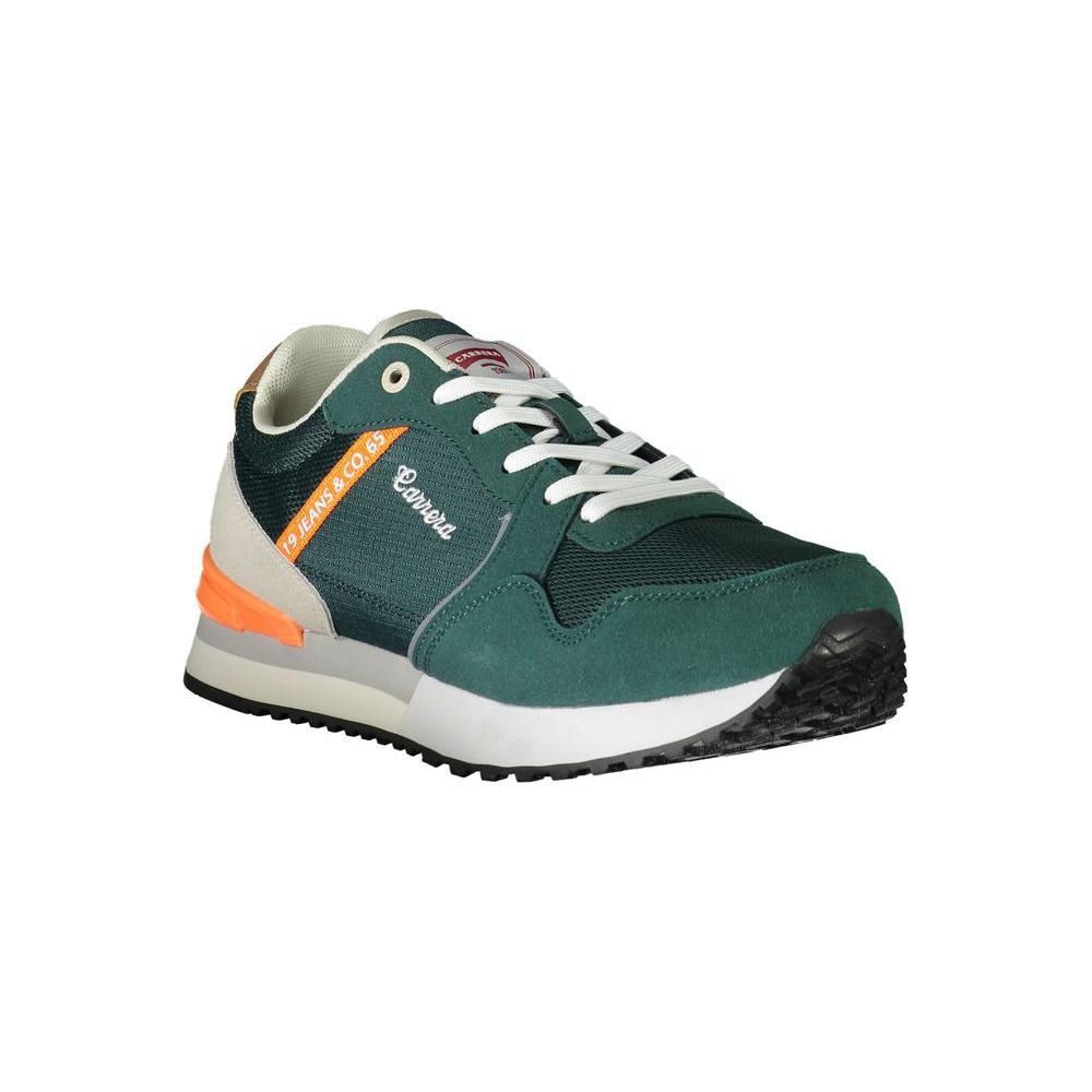 Carrera green polyester sneaker with laces, contrast details, and logo, sports footwear, side view on white background.