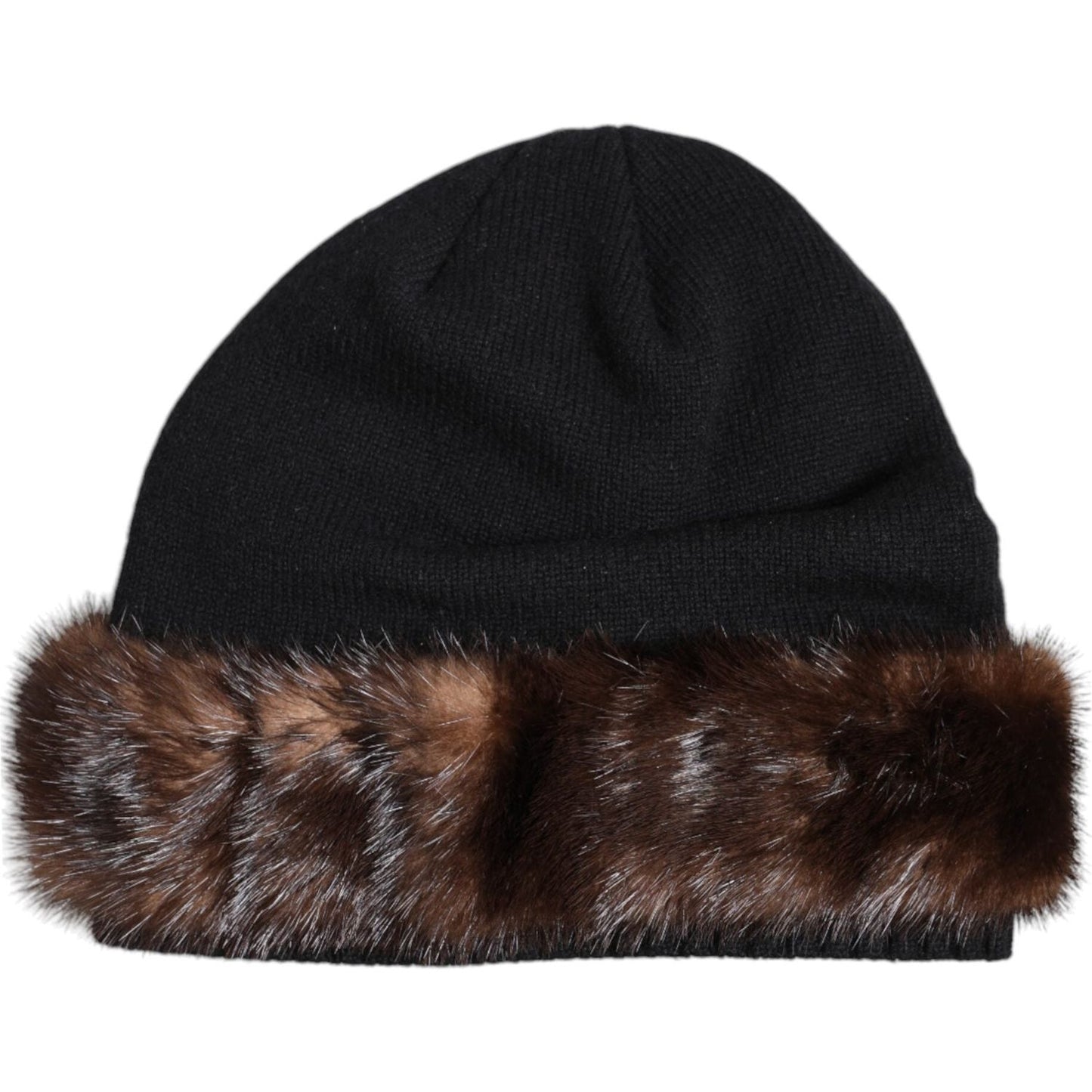 Dolce & Gabbana black knitted beanie with brown fur embellishment, men's winter hat, made in Italy, minor defect with missing tag.