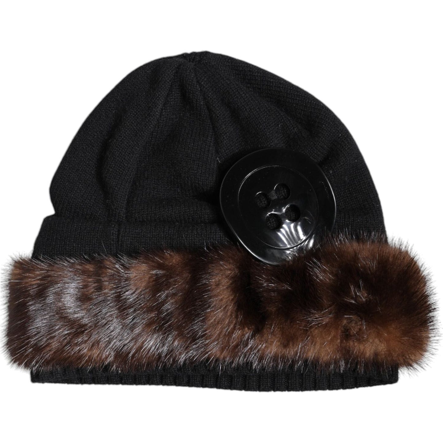 Dolce & Gabbana black knitted beanie hat with fur embellishment and button detail, made in Italy; missing tag defect included.
