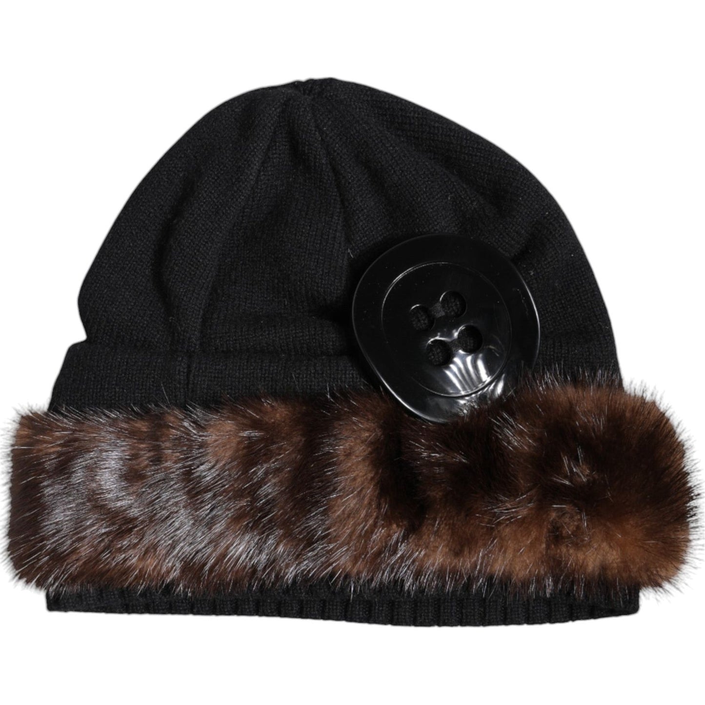 Dolce & Gabbana men's black knitted beanie hat with fur embellishment and button detail, made in Italy, minor defect with missing tag.
