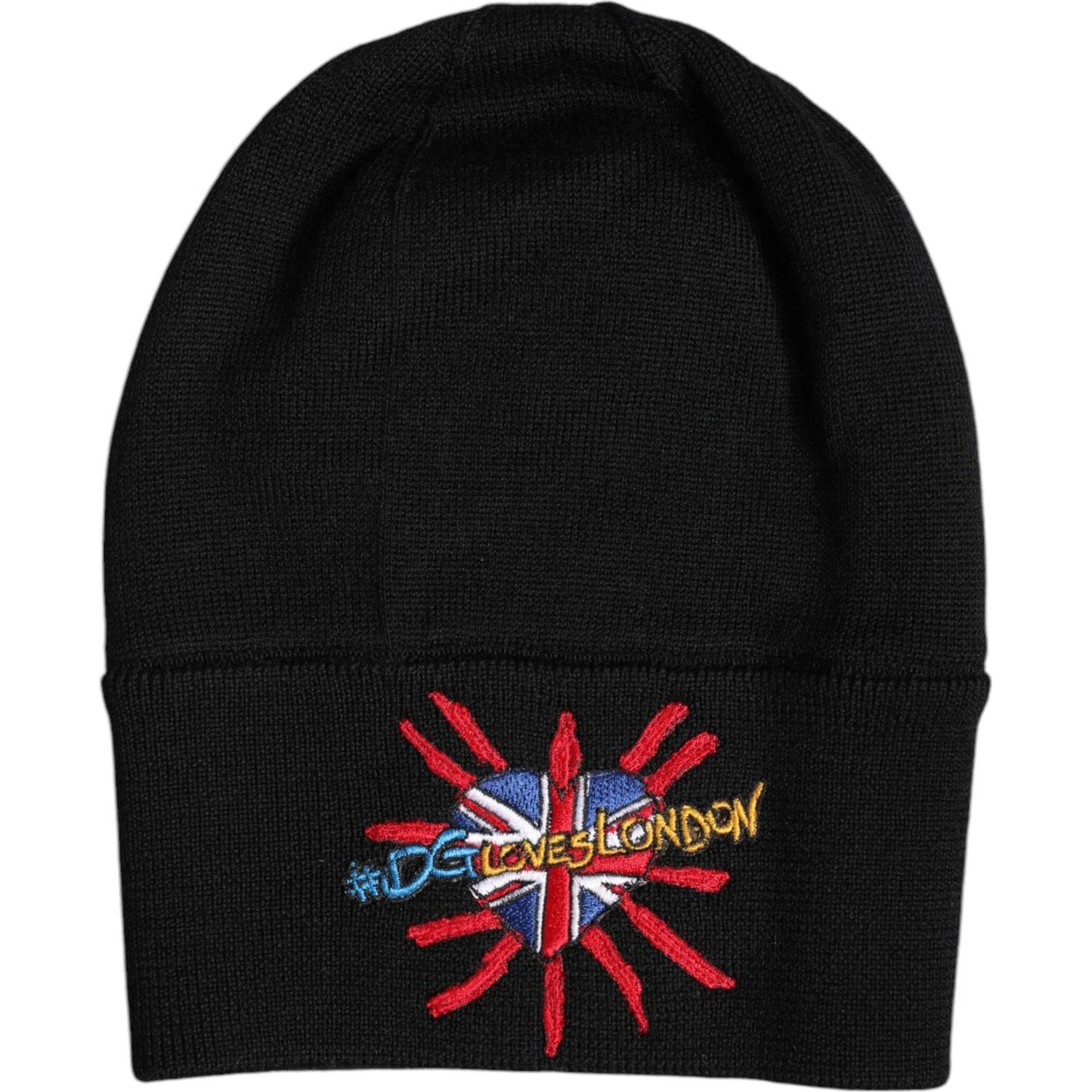 Dolce & Gabbana black knitted beanie hat with #DGLOVESLONDON embroidery, 100% virgin wool, made in Italy, featuring logo details.