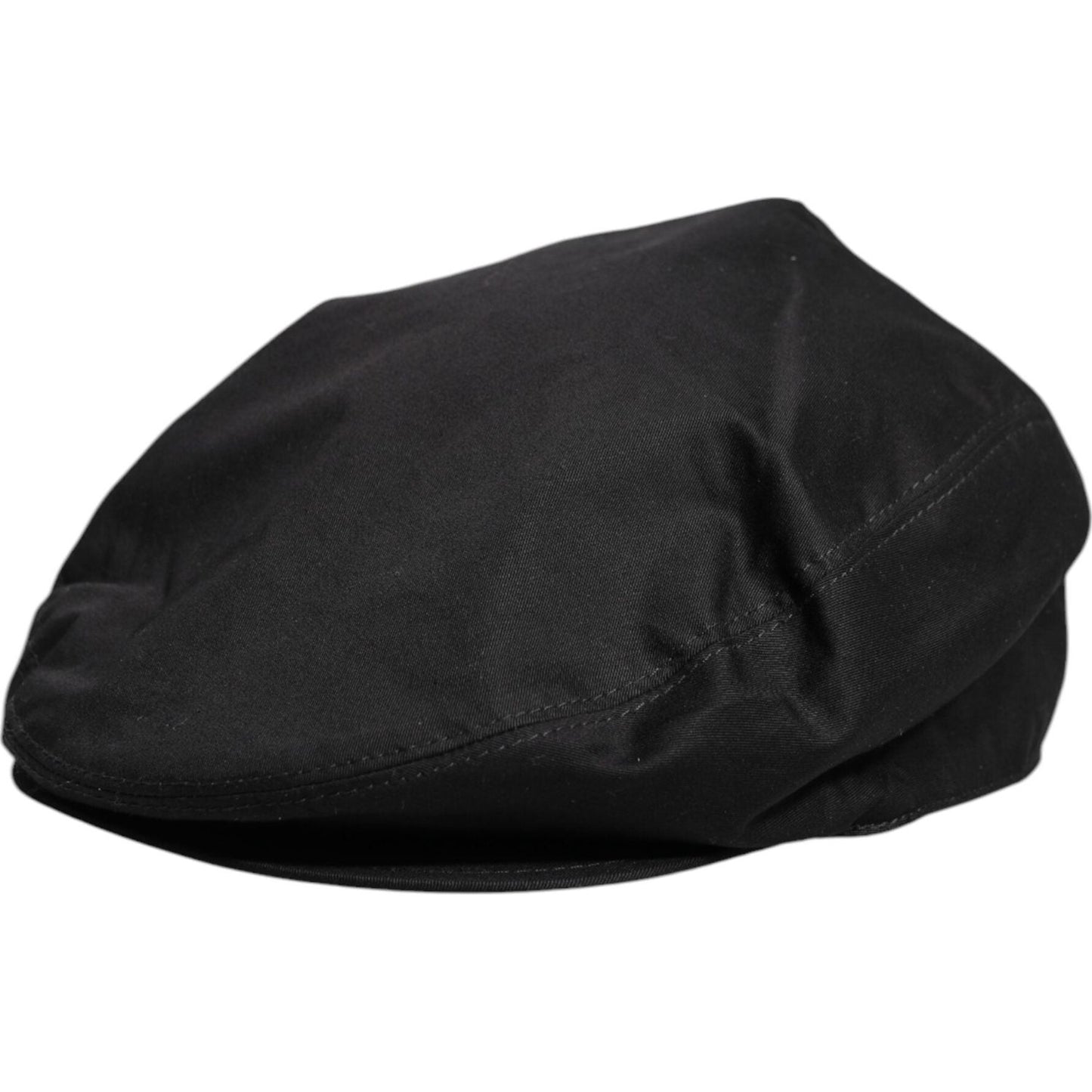 Dolce & Gabbana black cotton newsboy cap, men's cabbie hat, made in Italy, 97% cotton, stylish headwear with logo details, side view.