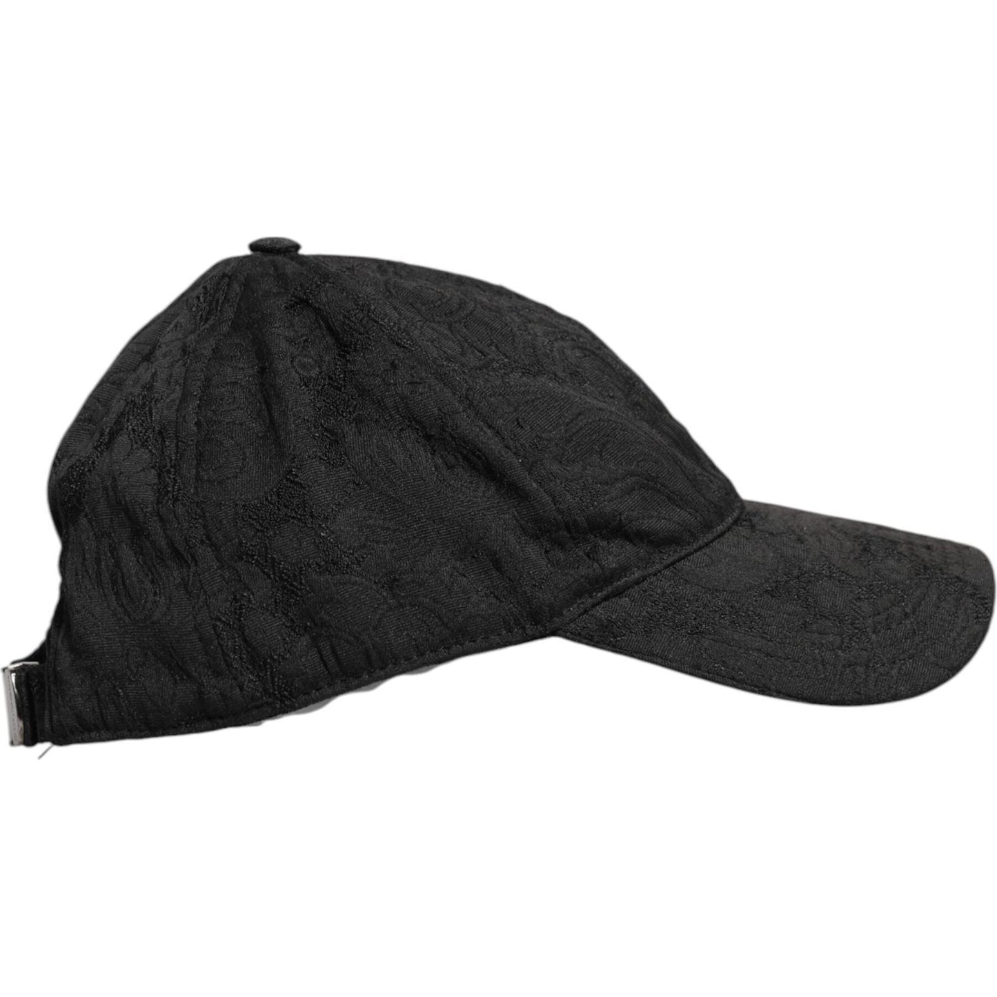 Dolce & Gabbana black floral jacquard baseball cap, 6-panel design, side view, made in Italy, preowned men's accessory.