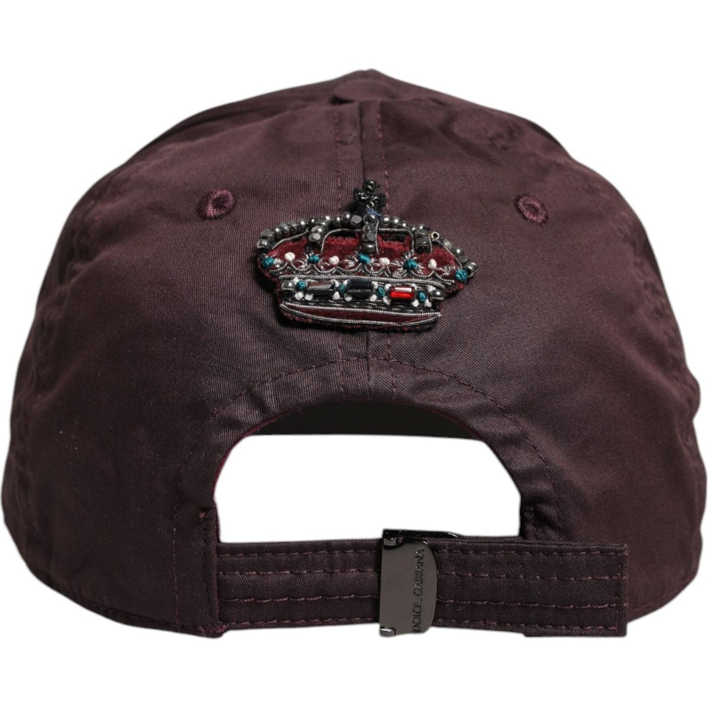 Back view of Dolce & Gabbana brown cotton baseball cap with crown logo detail, six panels, and adjustable strap, made in Italy.