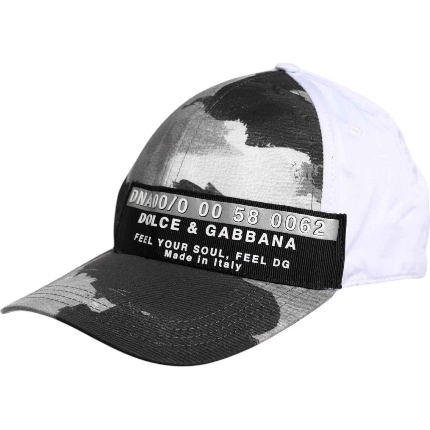 Dolce & Gabbana white gray camouflage baseball cap with logo detail, made in Italy, features six panels and viscose lining. Stylish men's hat.