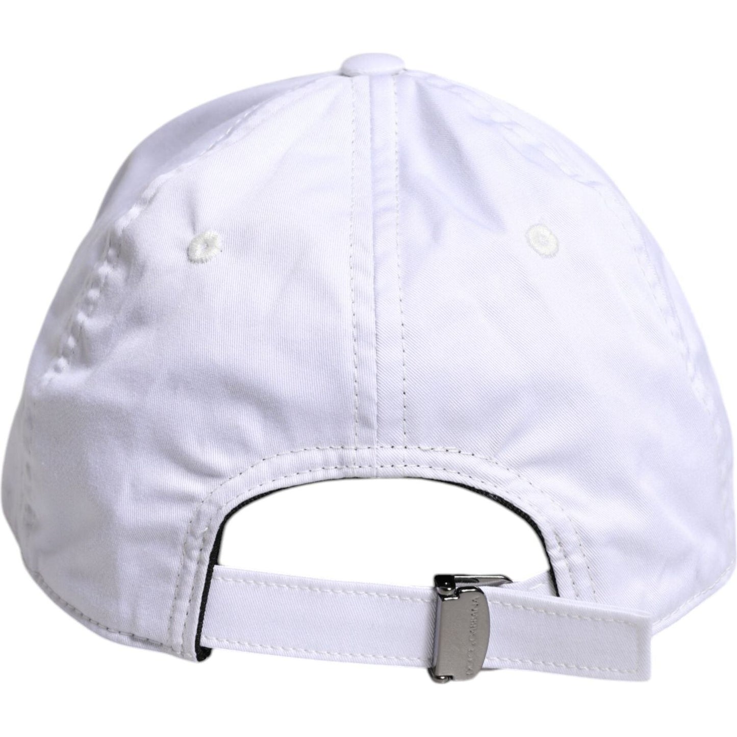 Back view of Dolce & Gabbana white camouflage baseball cap with adjustable strap, cotton elastane blend, made in Italy.