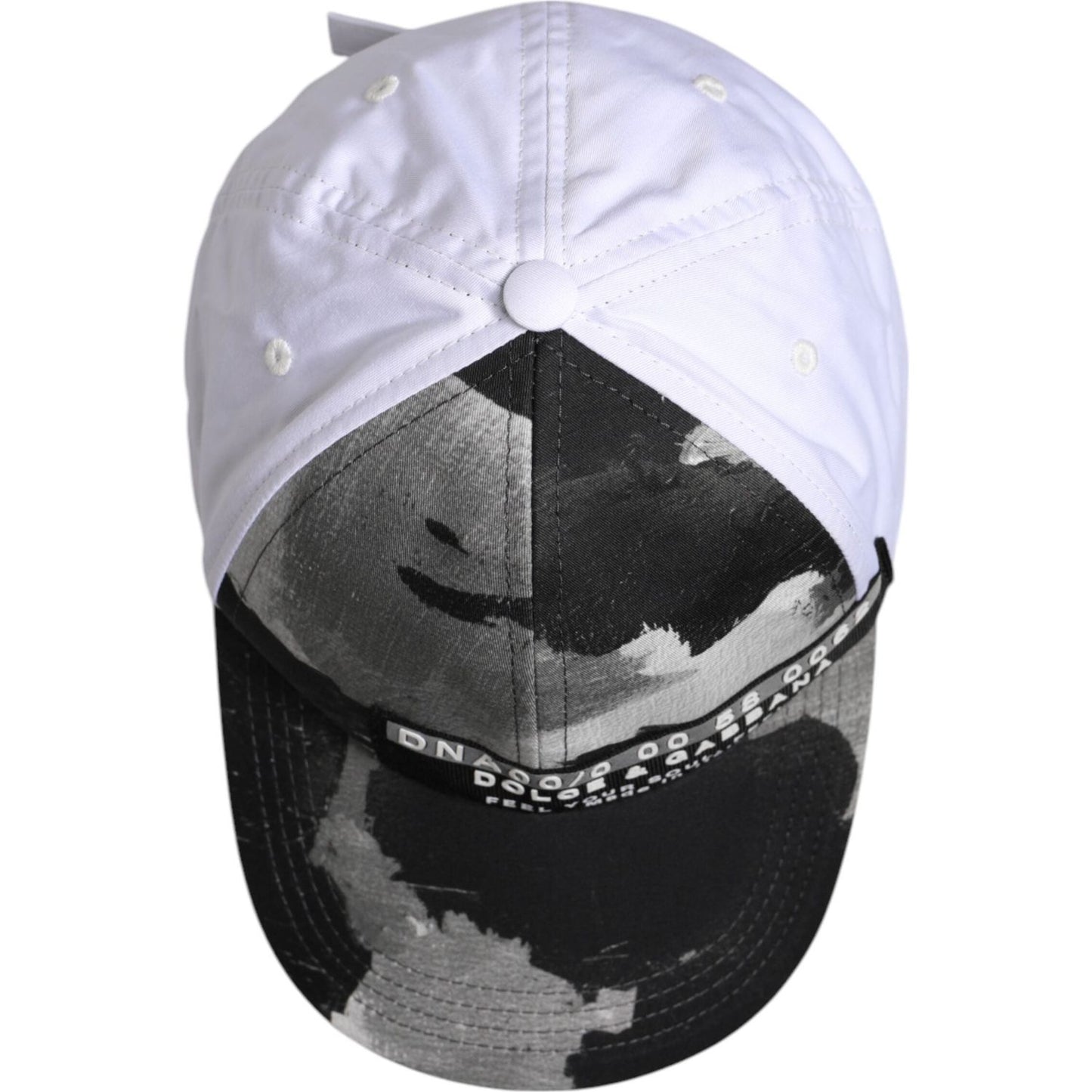 Dolce & Gabbana white gray camouflage baseball cap, 6-panel design, with brand logo, made from cotton-elastane, front view.