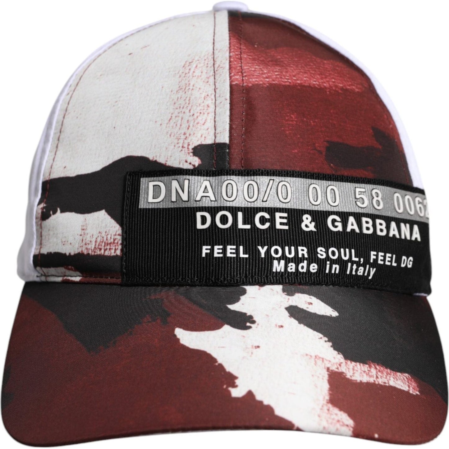 Dolce & Gabbana white camouflage print baseball cap with logo detail, made in Italy, featuring cotton and polyester blend.