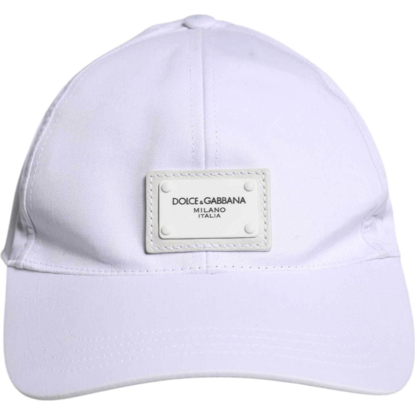 Dolce & Gabbana white baseball cap with DG logo plaque, made in Italy, cotton blend, 6 panels, minor top stains.