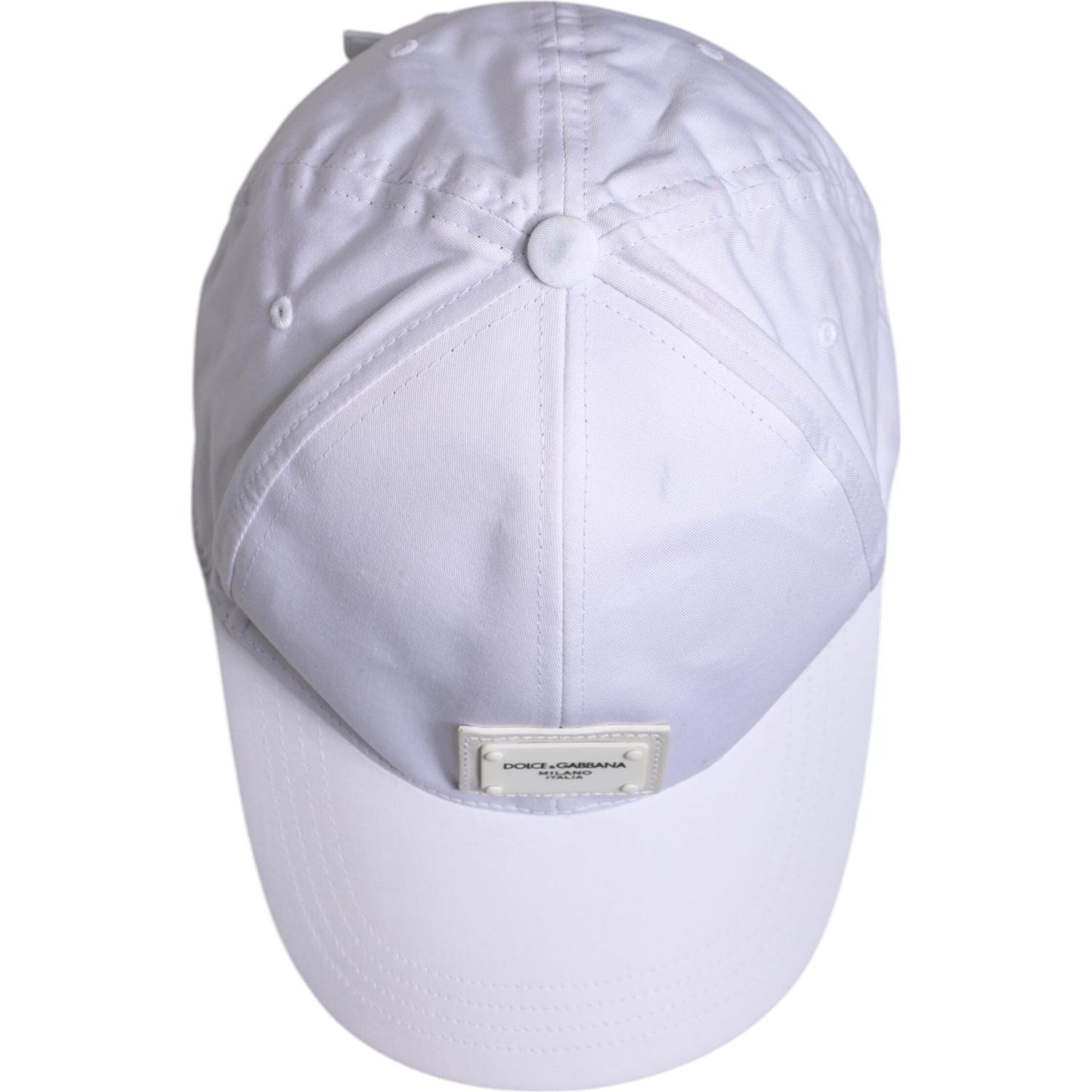 Dolce & Gabbana white baseball cap with DG logo plaque, 6 panels, showing minor stains on top. Made from cotton and elastane, lined with viscose.