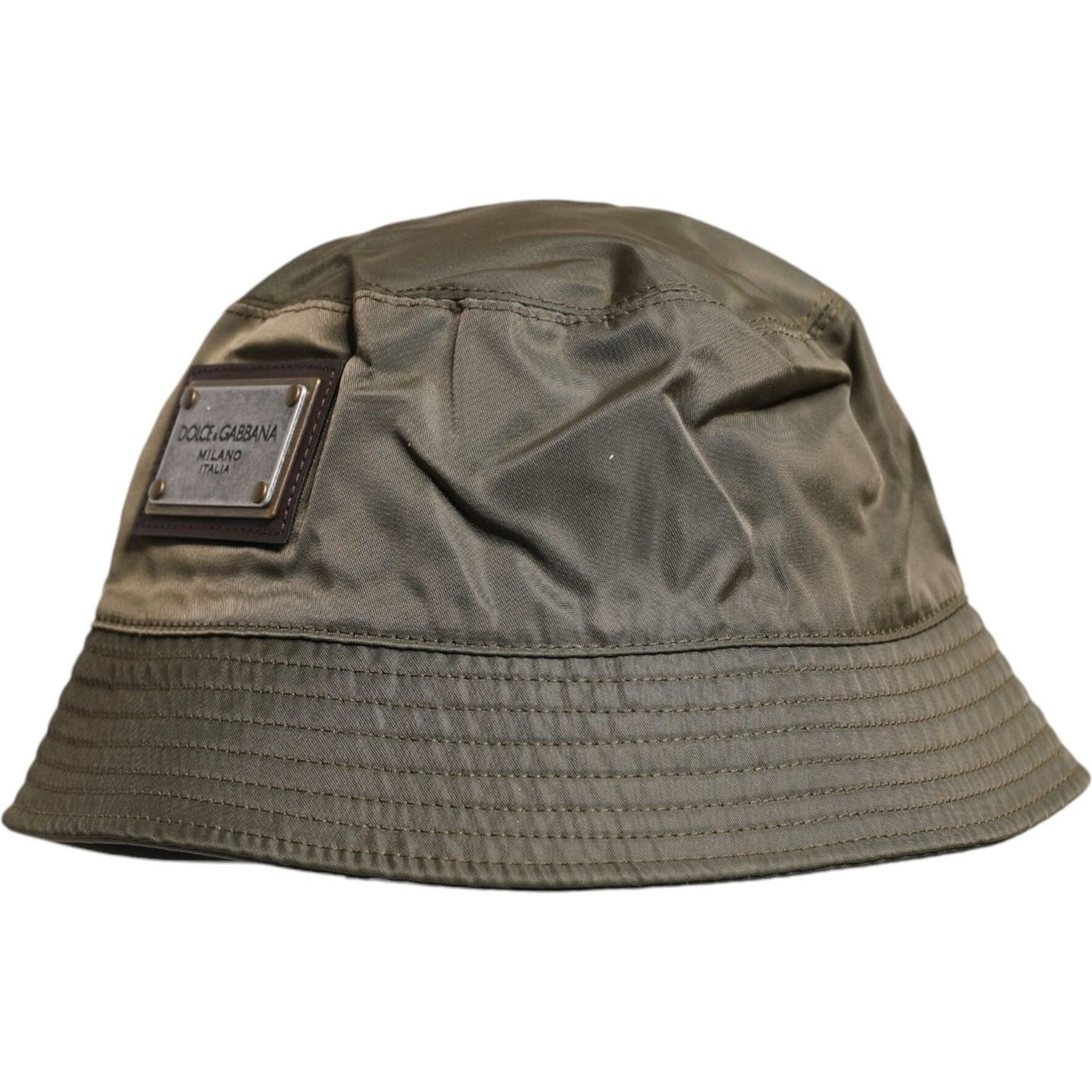 Dolce & Gabbana brown wide brim bucket hat with DG plaque, made from polyester with viscose lining, luxury men's hat made in Italy