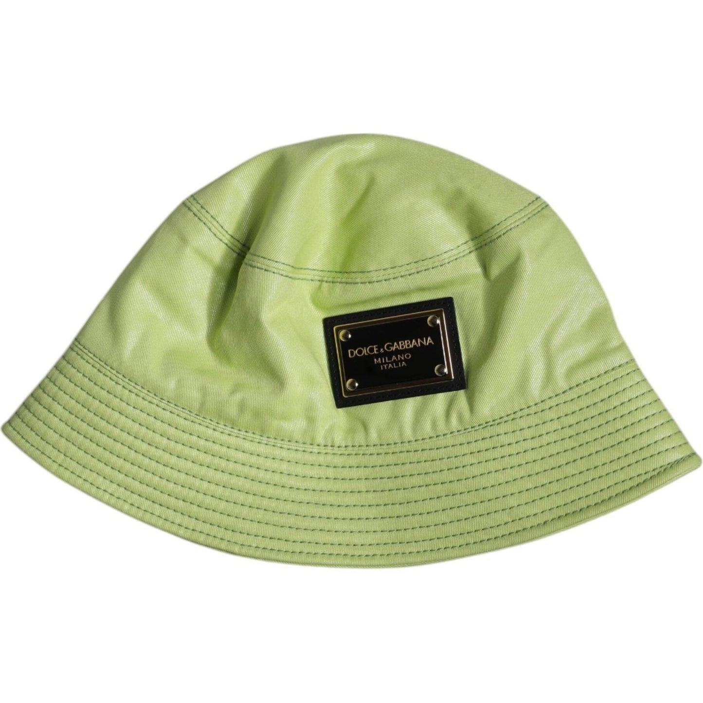 Dolce & Gabbana green wide brim bucket hat with DG plaque, 100% cotton, silk lining, men's fashion accessory, made in Italy.