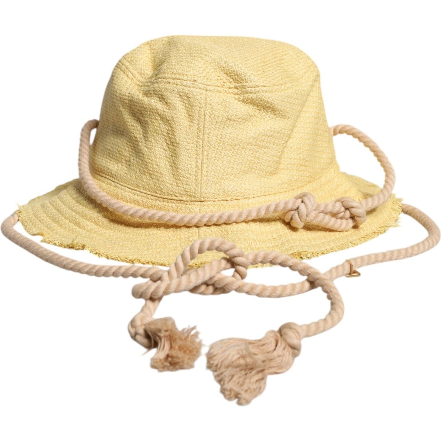 Dolce & Gabbana yellow cotton wide brim bucket hat with rope detail, 97% cotton, logo, men's fashion accessory made in Italy.