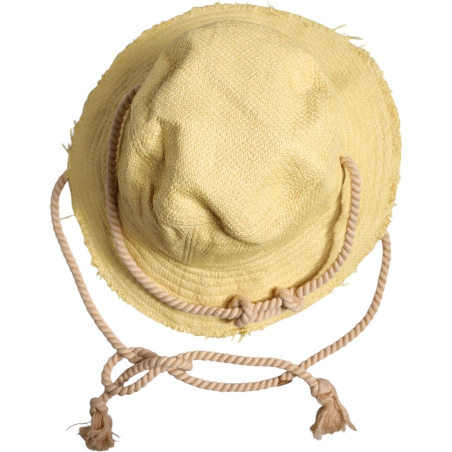 Dolce & Gabbana yellow wide brim bucket hat, 97% cotton, rope details, men's fashion accessory, made in Italy, summer style.