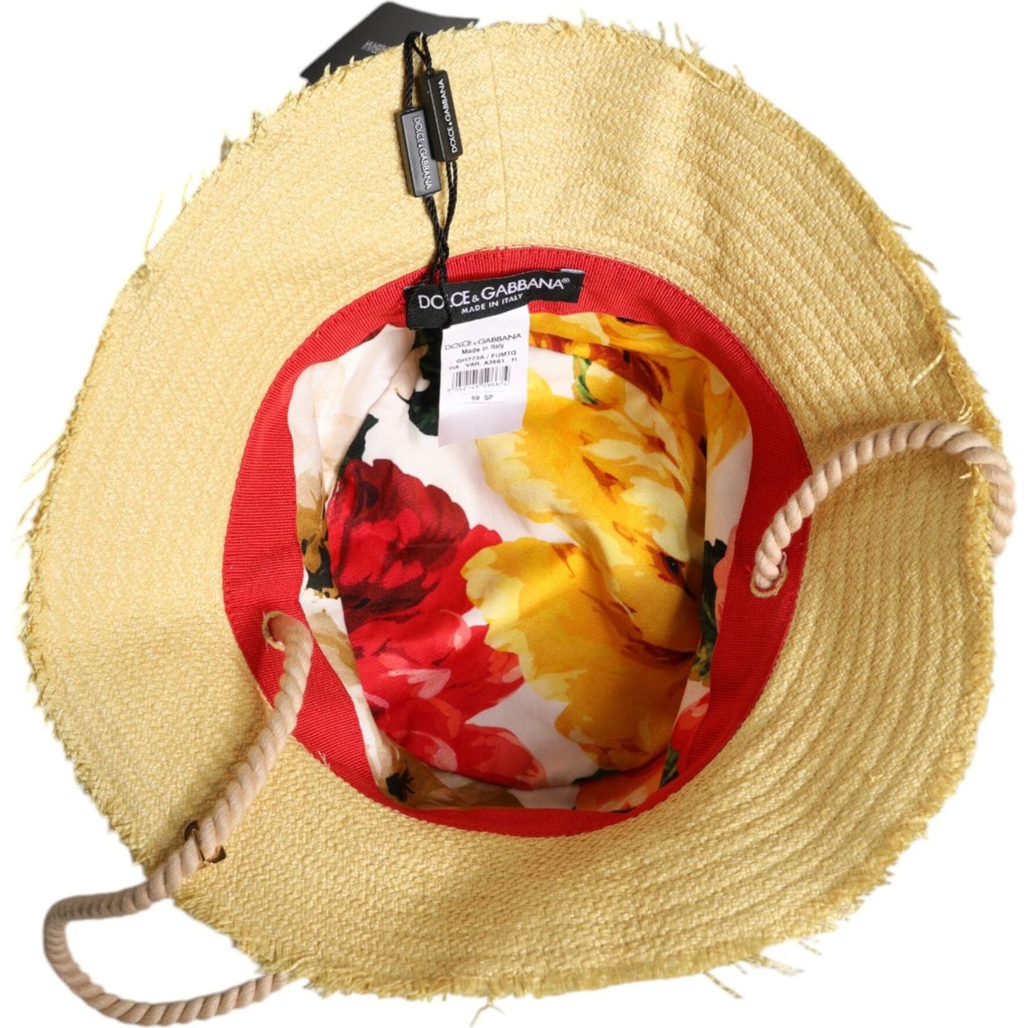 Yellow Dolce & Gabbana wide brim bucket hat with floral lining and tags; made of 97% cotton, 3% elastane, branded logo, made in Italy.