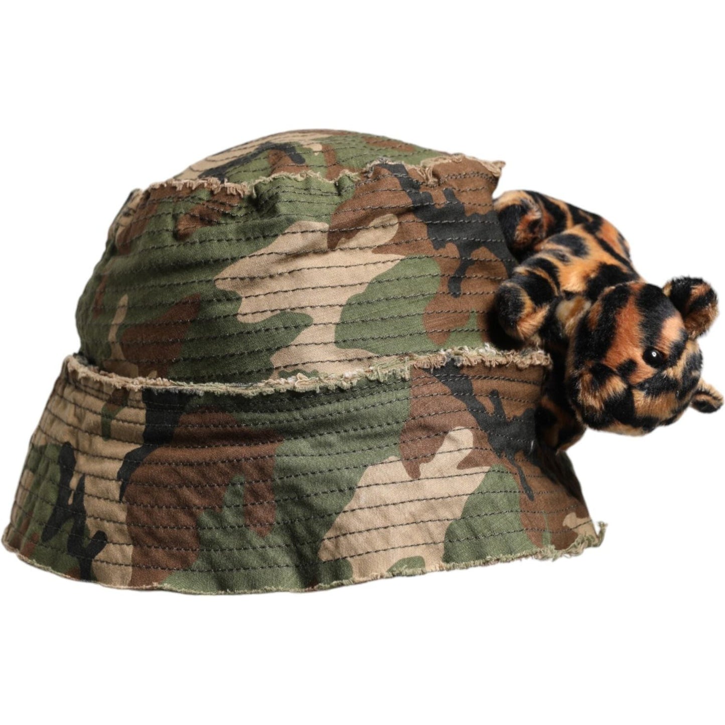 Dolce & Gabbana Multicolor Leopard Embellish Wide Brim Bucket Hat with plush leopard accessory, camouflage print design.