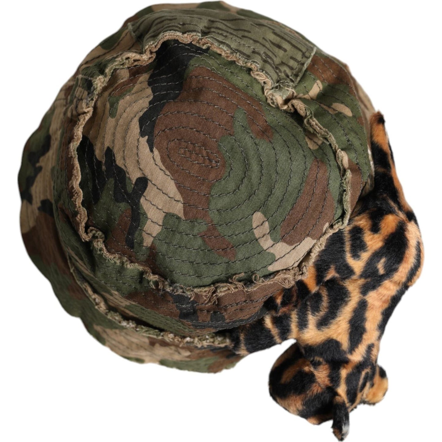 Dolce & Gabbana multicolor leopard embellish wide brim bucket hat, top view, featuring a unique design with cotton and elastane materials.
