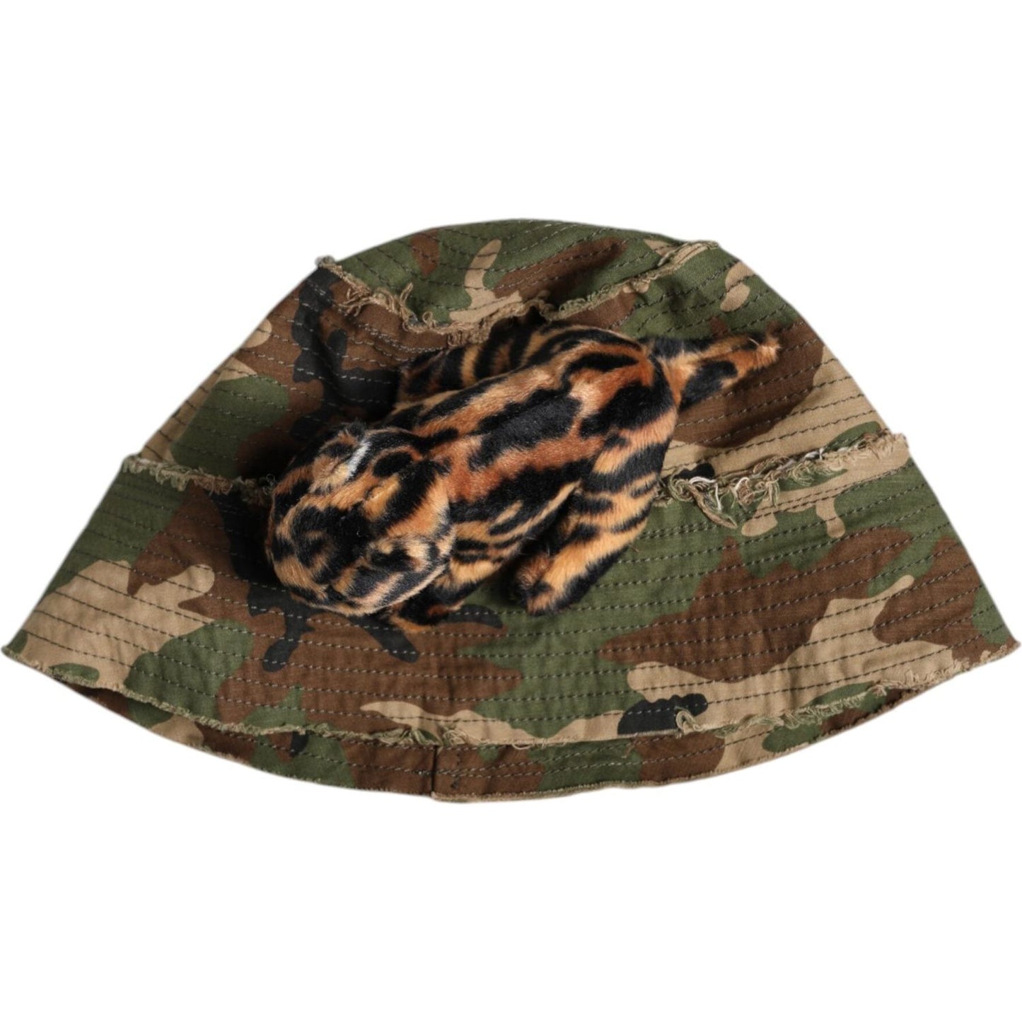 Dolce & Gabbana multicolor leopard embellish wide brim bucket hat with camouflage pattern, featuring logo details. Made in Italy.