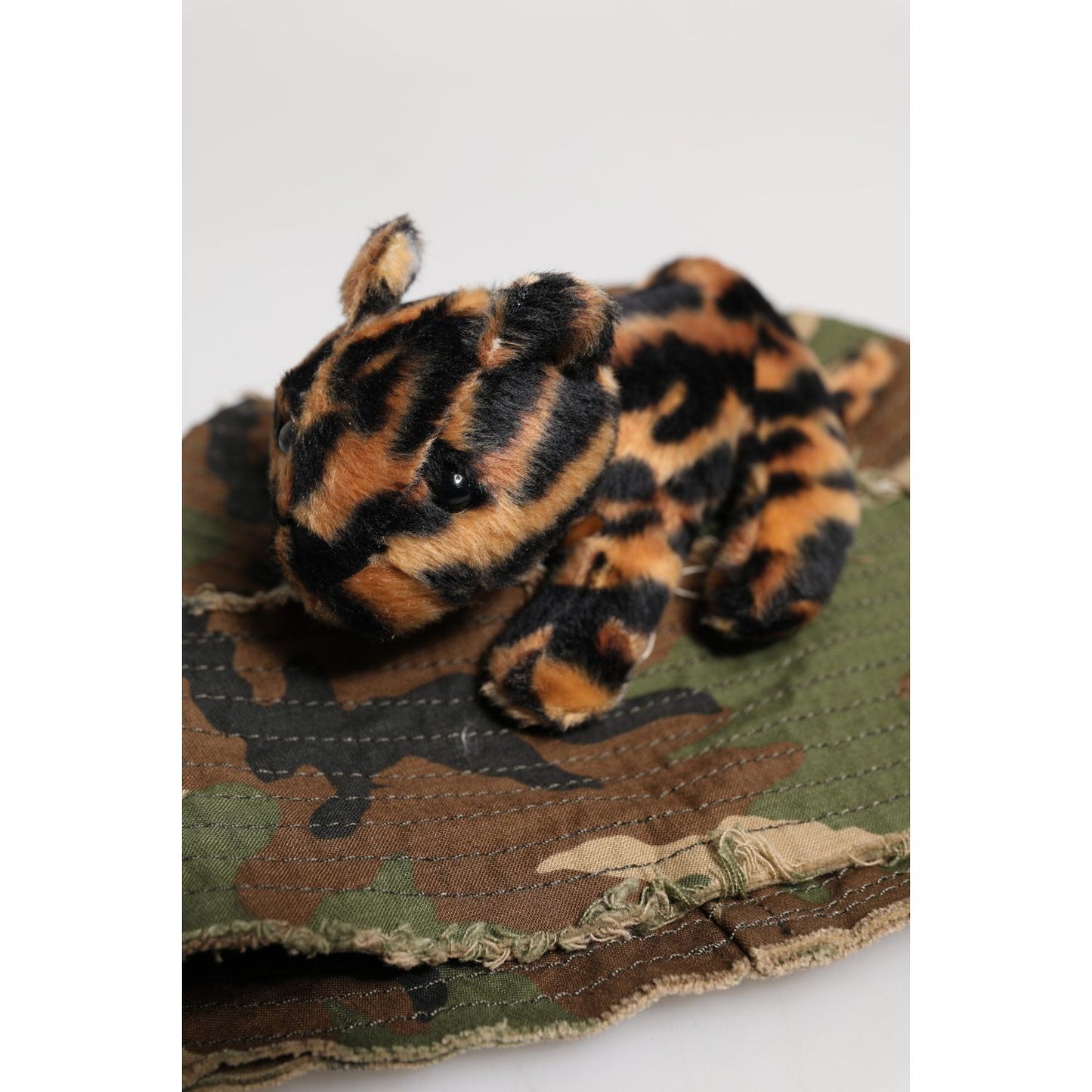 Dolce & Gabbana multicolor leopard bucket hat with plush leopard accessory, 97% cotton, Italian-made fashion, men's headwear.