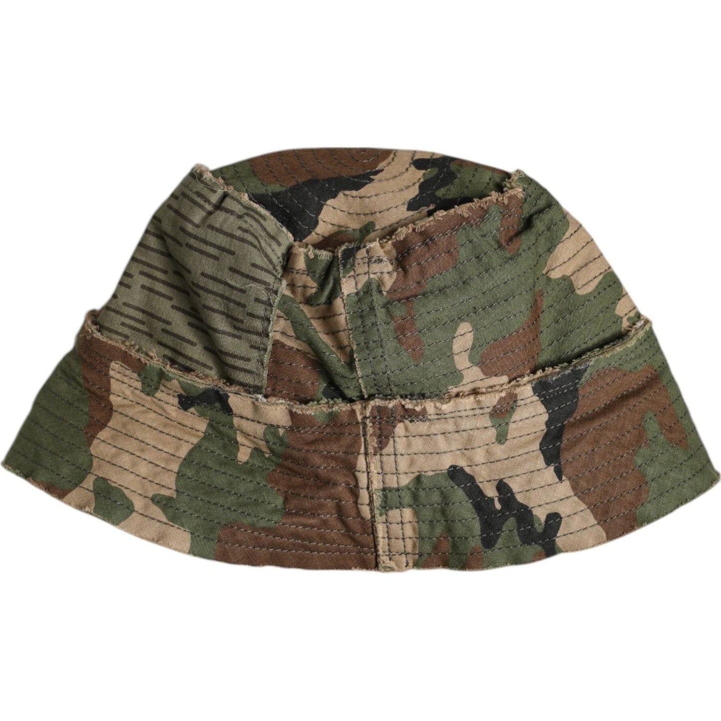 Camouflage patterned bucket hat with stitched panels and wide brim, made of durable cotton material, ideal for outdoor activities.