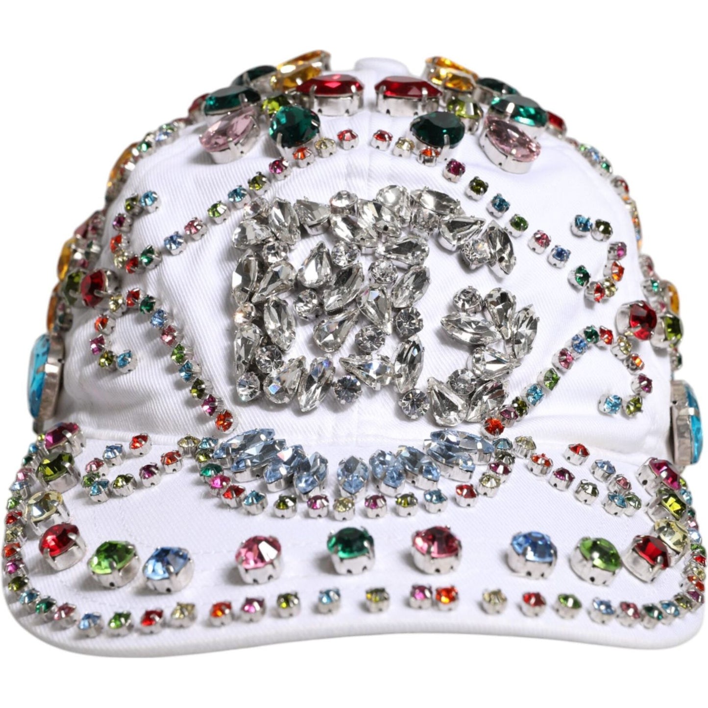 Dolce & Gabbana white multicolor crystal embellish baseball cap with logo detail, made in Italy, 99% cotton, 1% elastane.