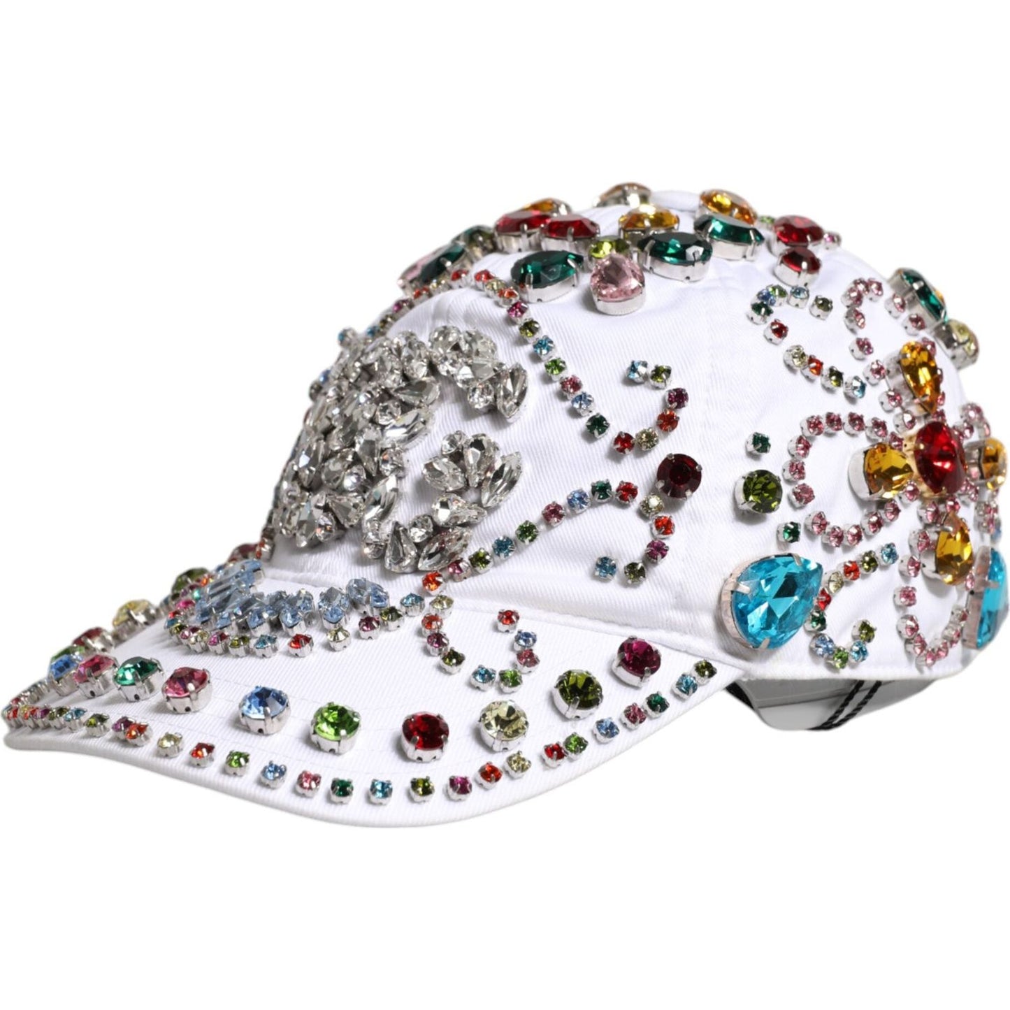 Dolce & Gabbana white baseball cap with multicolor crystal embellishments, made of cotton and elastane, featuring logo details. Made in Italy.