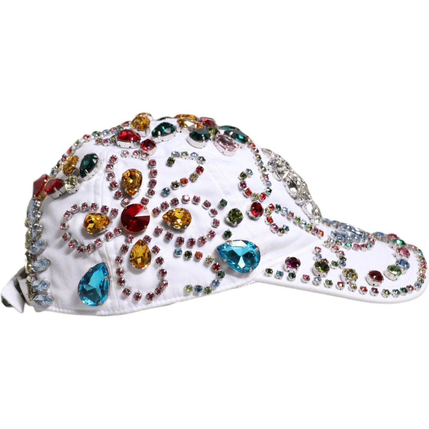 Dolce & Gabbana white baseball cap with multicolor crystal embellishments, 99% cotton, 1% elastane, made in Italy.
