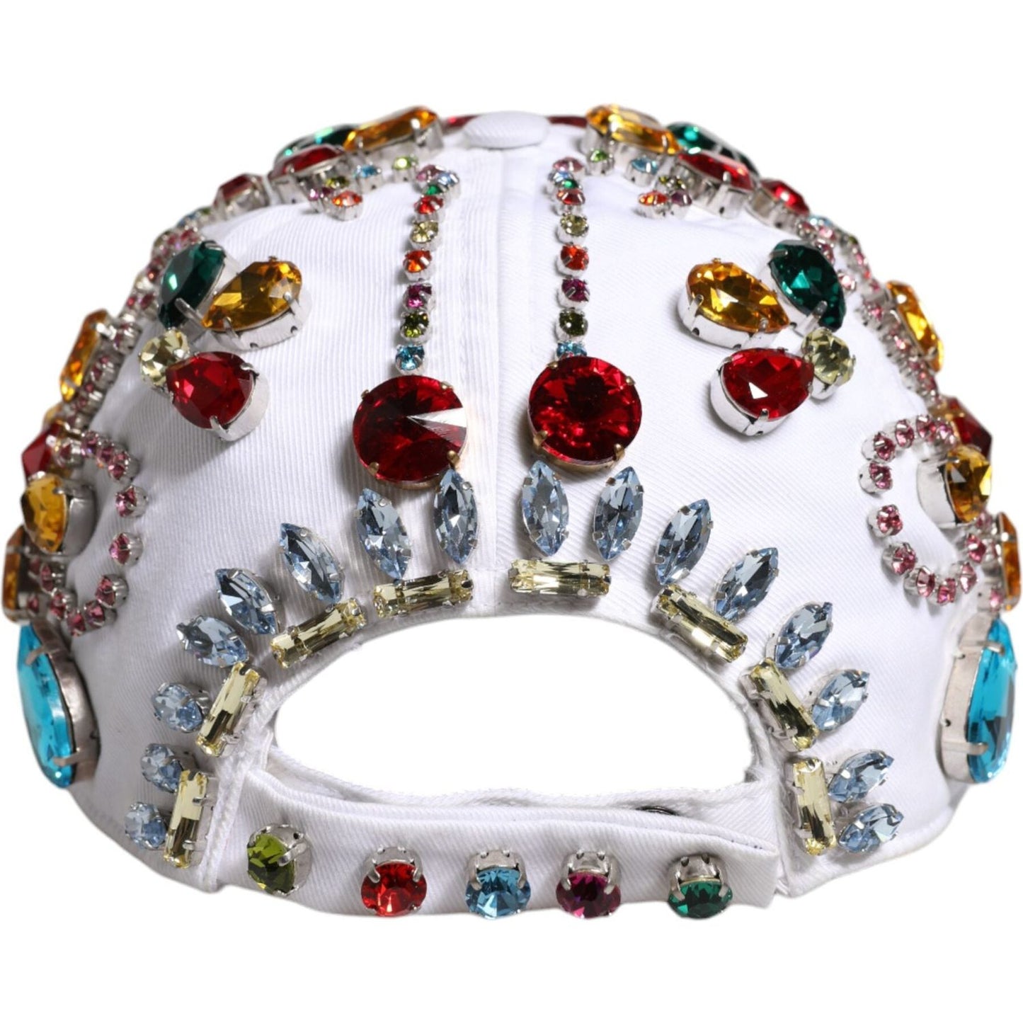 Dolce & Gabbana white baseball cap with multicolor crystal embellishments, rear view, showcasing luxury design details, made in Italy.