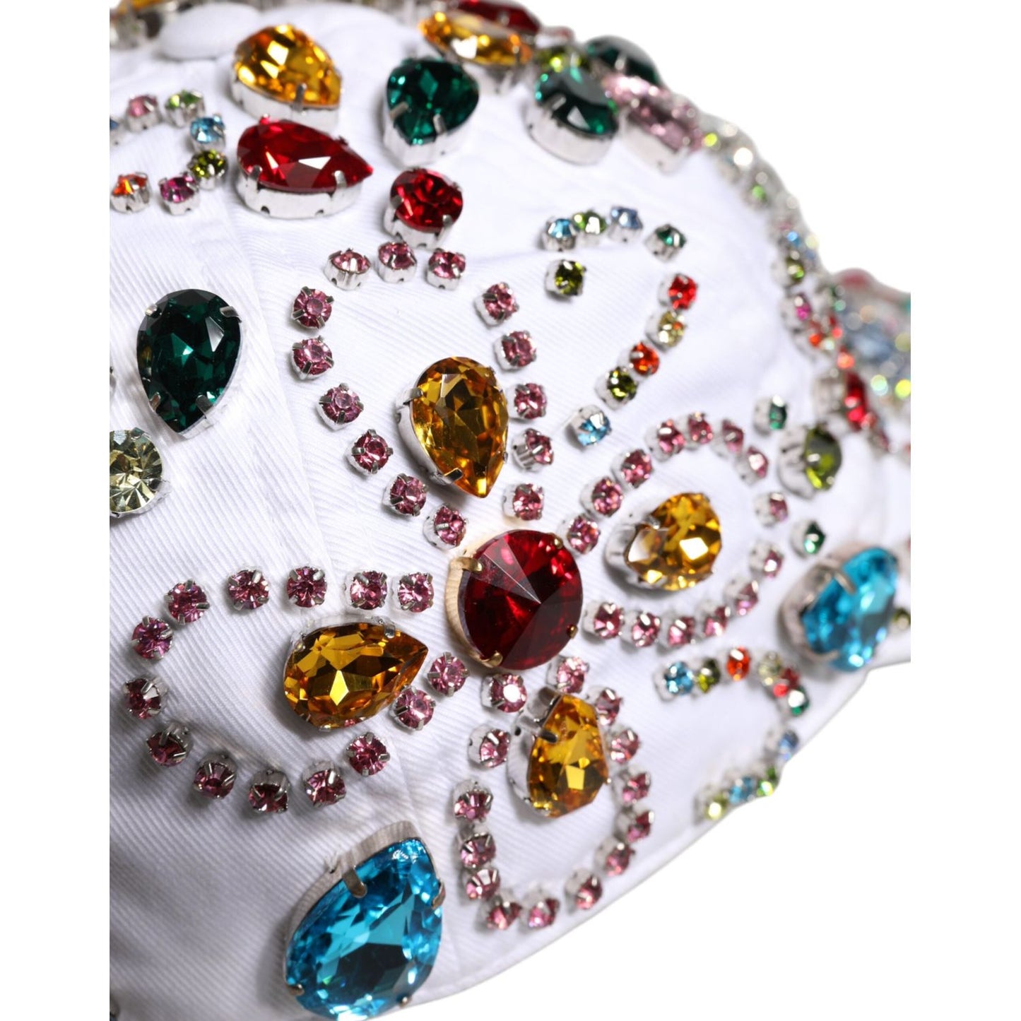 Dolce & Gabbana white baseball cap adorned with multicolor crystal embellishments, made of cotton and elastane, showcasing luxury design.