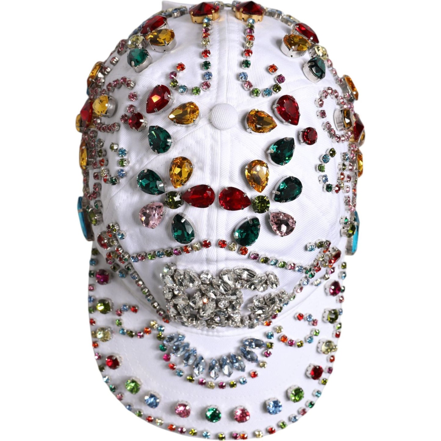 Dolce & Gabbana white baseball cap with multicolor crystal embellishments, 99% cotton, logo details, luxury men’s hat made in Italy.