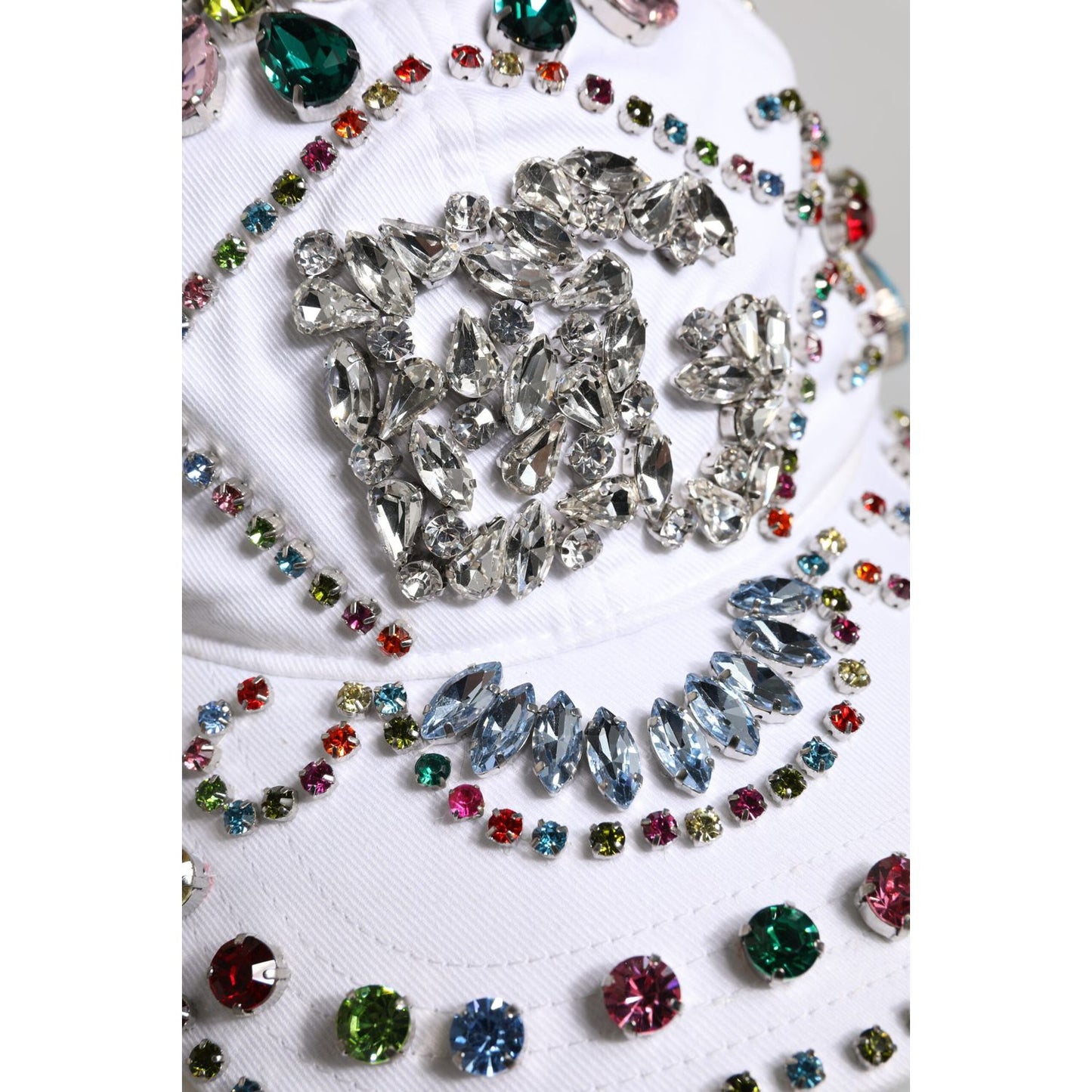 Dolce & Gabbana white baseball cap with multicolor crystal embellishments and logo details, 99% cotton, made in Italy.