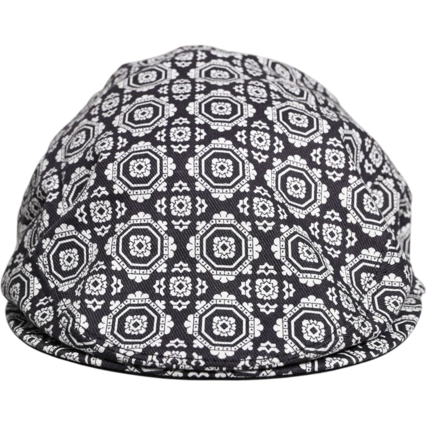Dolce & Gabbana black and white printed newsboy cap, 97% cotton with logo details, stylish men's accessory, made in Italy.