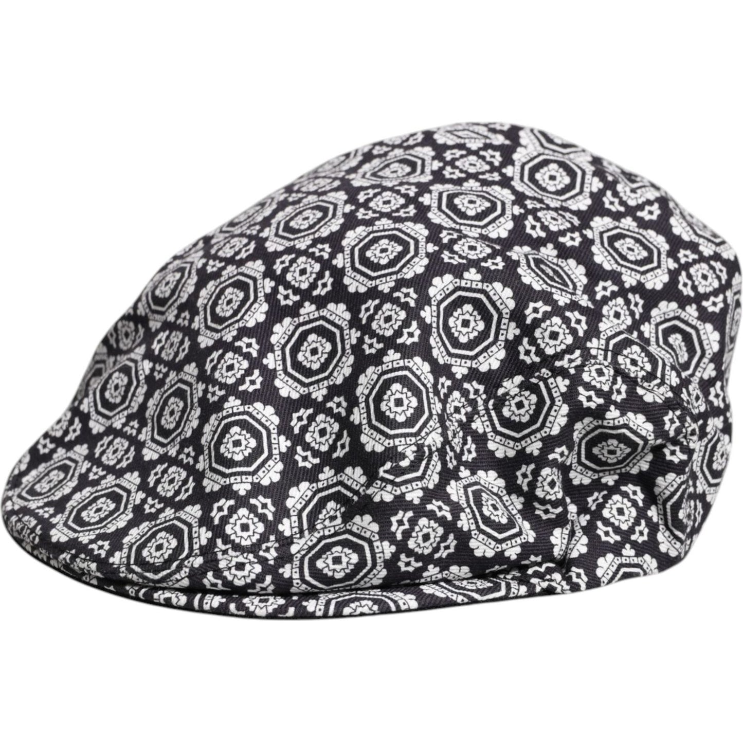 Dolce & Gabbana black and white printed newsboy cap, 97% cotton, men's accessory, featuring logo details, made in Italy.