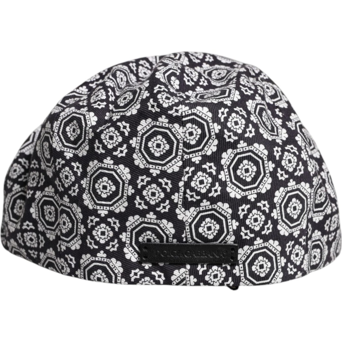 Dolce & Gabbana black and white newsboy cap with geometric print, 97% cotton, made in Italy, rear view.