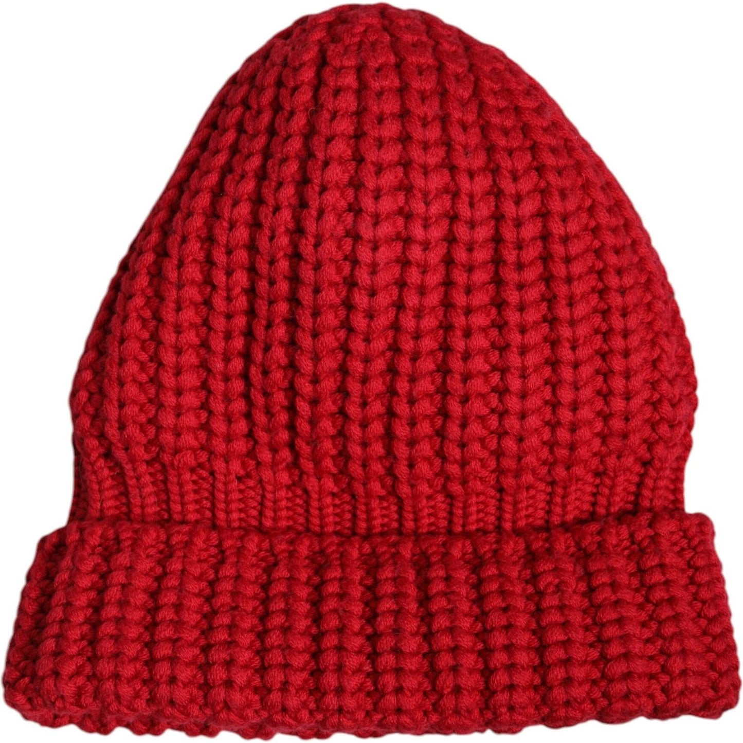 Dolce & Gabbana red solid wool knitted winter beanie hat, made in Italy, featuring 100% virgin wool, perfect for men's winter wear.