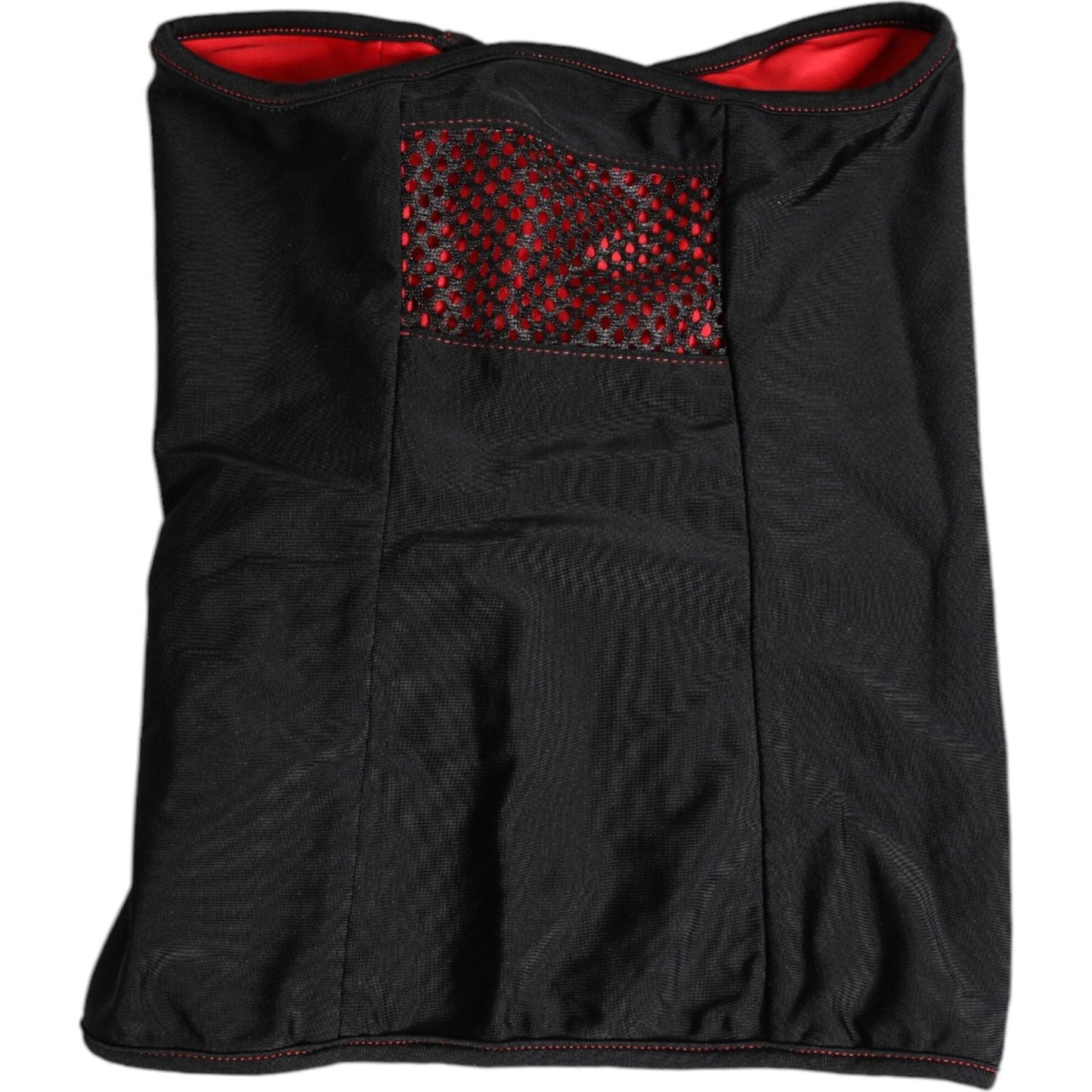 Dolce & Gabbana black nylon wool knit neck warmer balaclava scarf with red interior and logo details, made in Italy.