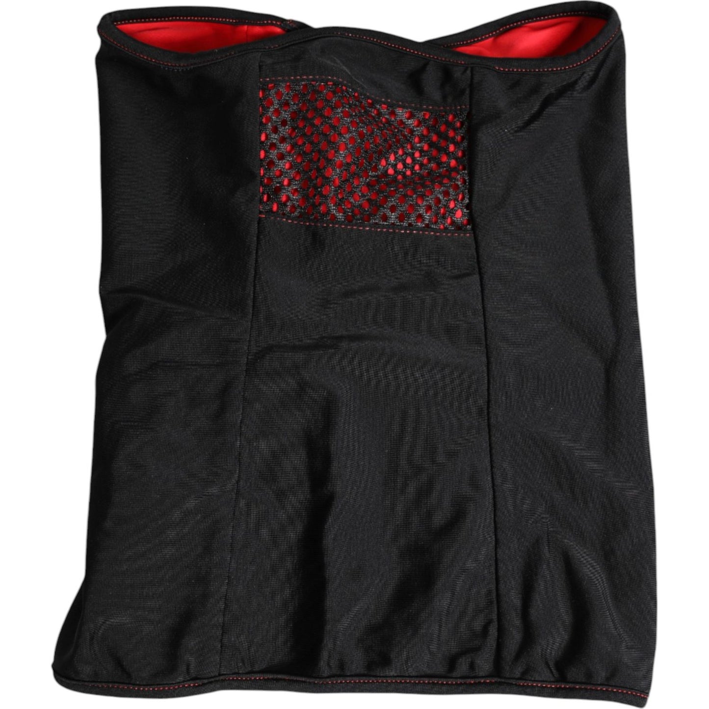 Dolce & Gabbana black nylon knit neck warmer balaclava with red interior and logo details, made in Italy. Fashionable and versatile.
