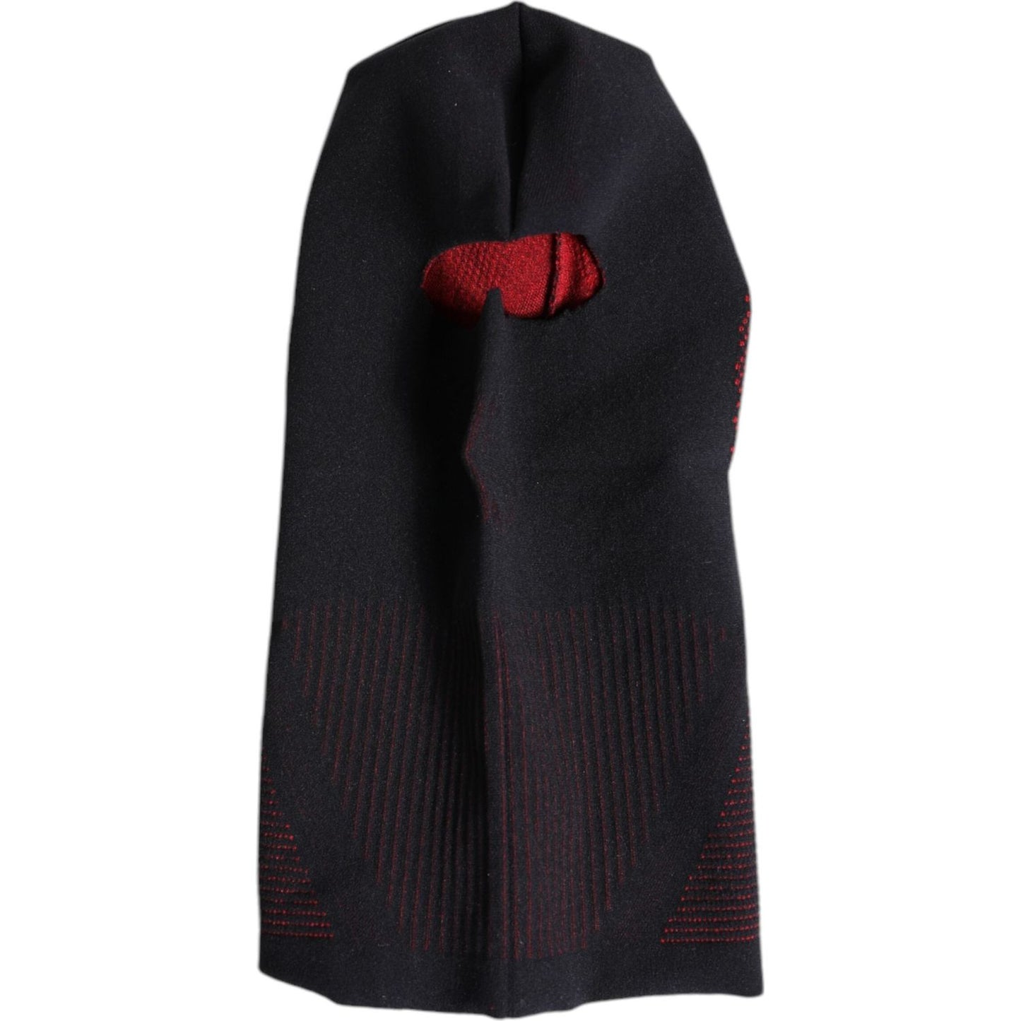 Dolce & Gabbana black cotton knit ski mask with red accents, featuring logo details. Made in Italy, luxury winter accessory.